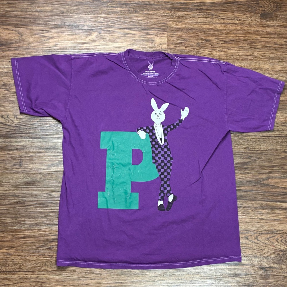 Playboy Graphic T-Shirt Mens L Purple Big P Logo Rabbit Tee